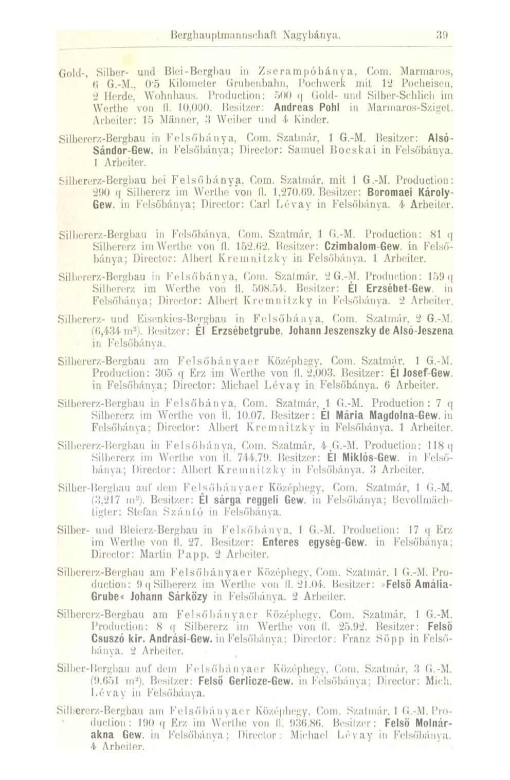 Berghauptmannschaft Nagybánya. 39 Gold-, Silber- und Blei-Bergbau in Zserampóbánya. Com. Marmaros, 6 G.-M.. 0*5 Kilometer Grubenbahn, Pochwerk mit 12 Pocheisen, 2 Herde.