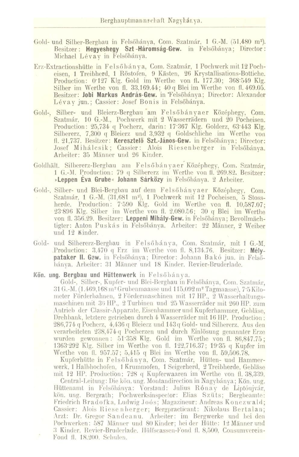 Berghau ptman n?ch a f t Nagy há r. y a. <iold- und Silber-Borgbau in Felsőbánya, Com. Szatmár, 1 G.-M. (51,480 m 3 ). Besitzer: Hegyeshegy Szt-Háromság-Gew.