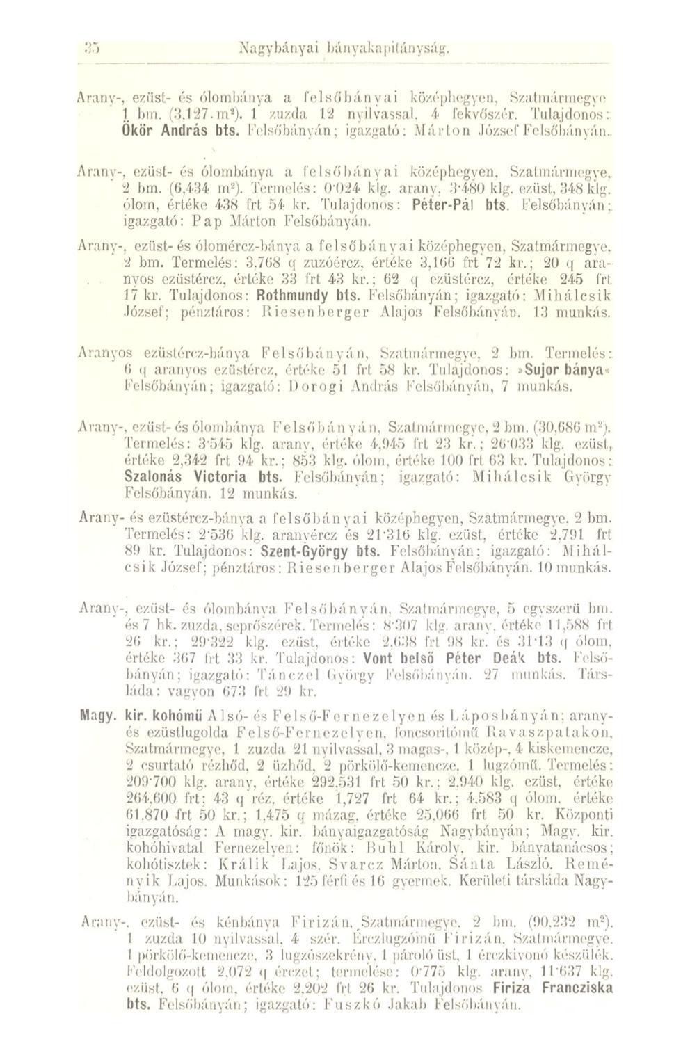 35 Nagybányai bán vak a j >i tányság. Arany-, ezüst- és ólombánya a felsőbányái középhegyen, Szatmármegye 1 bm. (3.127. m*). 1 zúzda 12 nyilvassal. 4 fekvőszér. Tulajdonos: Ökör András bts.