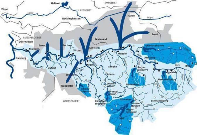 ,,Reine Ruhr'' program Németország Wassermengenwi rtschaft 8 Talsperren Einzugsgebiete der Talsperren Wasserwerke an der Ruhr Wasserg