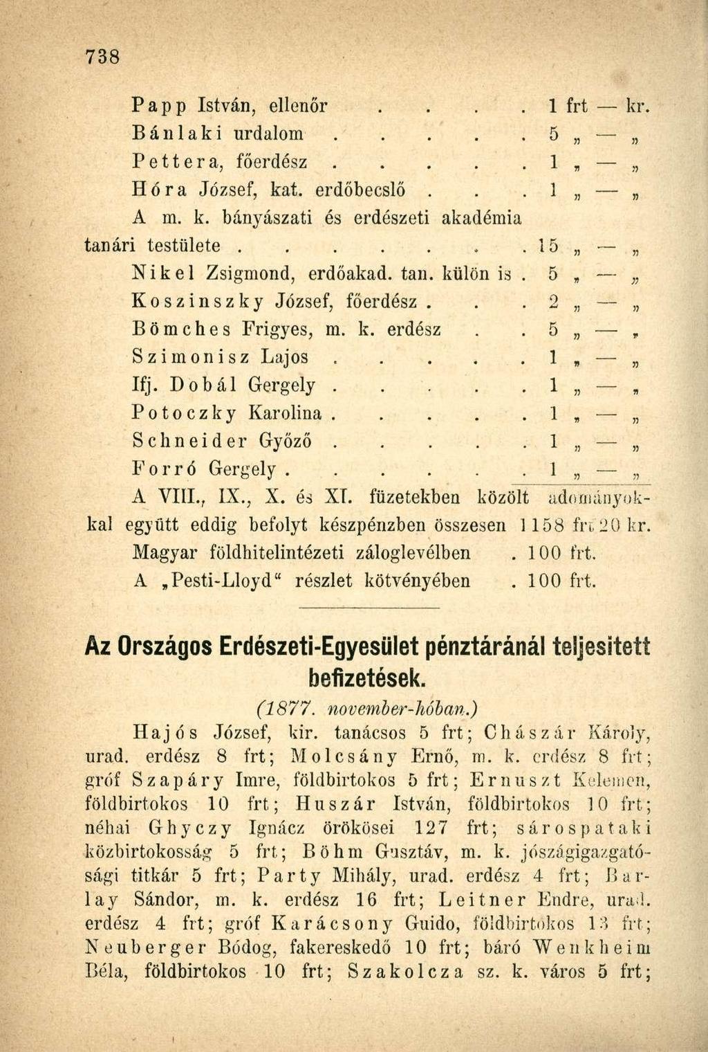 Papp István, ellenőr 1 frt kr. Bánlaki urdalom 5»!) Pettera, főerdész 1 n Hóra József, kat. erdőbecslő. 1» 71 A m. k. bányászati és erdészeti akadémia tanári testülete.