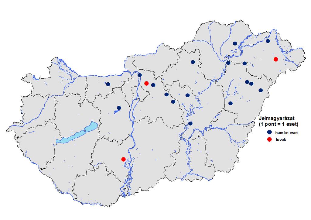 Hazai eredetű nyugat-nílusi láz megbetegedések az expozíció helye (ill. ismeretének hiányában a lakóhely) szerint, 2017. (N= 19 ember + 3 ló) (2017. október 4.) A 39.