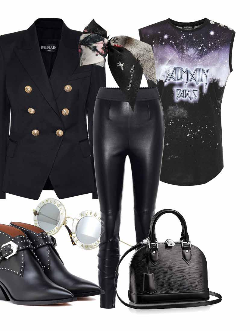 CHRISTIAN DIOR BLACK MITZAH SCARF WWW.DIOR.COM CHECHKLIST DOLCE&GABBANA LEATHER LEGGINGS WWW.MYTHERESA.COM BALMAIN EMBELLISHED WOOL BLAZER WWW.MYTHERESA.COM GUCCI ROUND SUNGLASSES WWW.