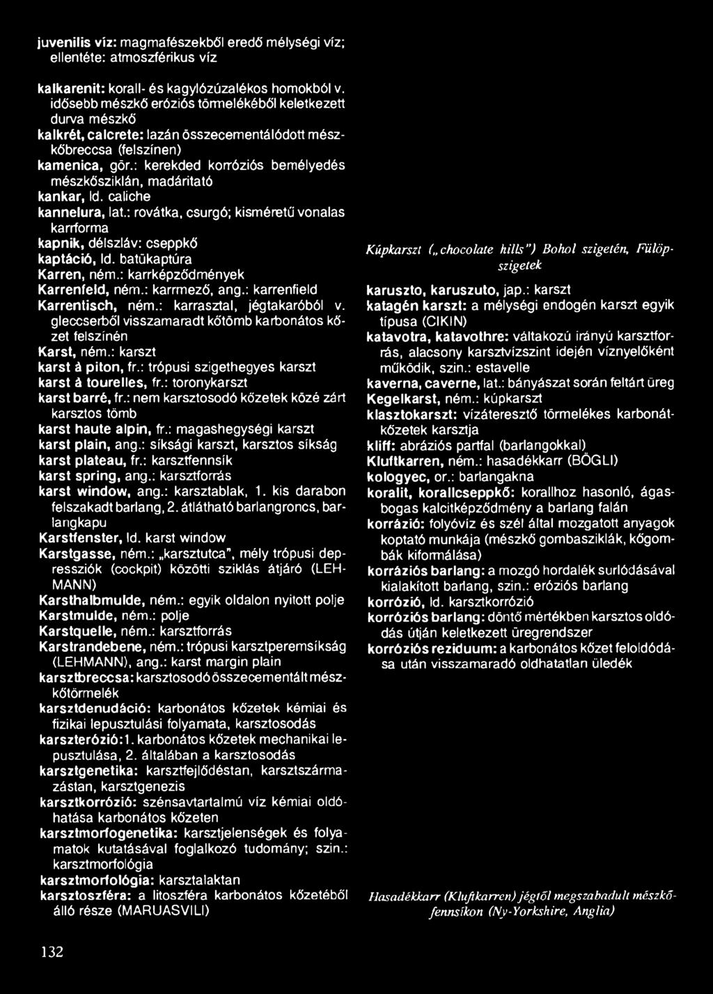 : kerekded korróziós bemélyedés mészkősziklán, madáritató kankar, Id. caliche kannelura, lat.: rovátka, csurgó; kisméretű vonalas karrforma kapnik, délszláv: cseppkő kaptáció, Id.