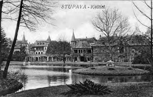 Jazierko s domčekom pre labute. Dobová pohľadnica, najneskôr 20. roky 20. storočia. Zdroj: OZ Pour Art Stupava.