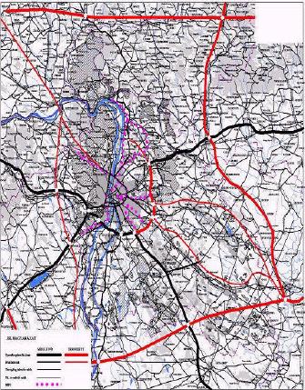 (b) A fenntartható forgatókönyv újabb sugárirányú gyorsforgalmi utak helyett a térség peremén vinné el az átmenő forgalom tengelyeit Irányelvek a közlekedési kapcsolatok megoldására A leírt elvek