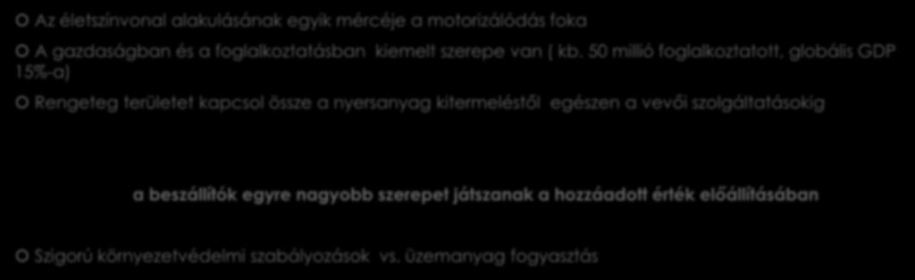 Az ágazatról általánosságban Az életszínvonal alakulásának egyik mércéje a motorizálódás foka A gazdaságban és a foglalkoztatásban kiemelt szerepe van ( kb.