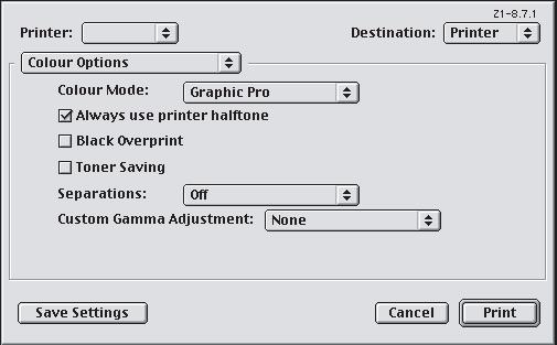 MAC OS 9 1. Válassza a [Fájl] [Nyomtatás] parancsot. 2. A [Nyomtató] menüből (1) válassza ki a nyomtató típusát. 3. Válassza ki a [Színek beállításai] (2) elemet. 4.