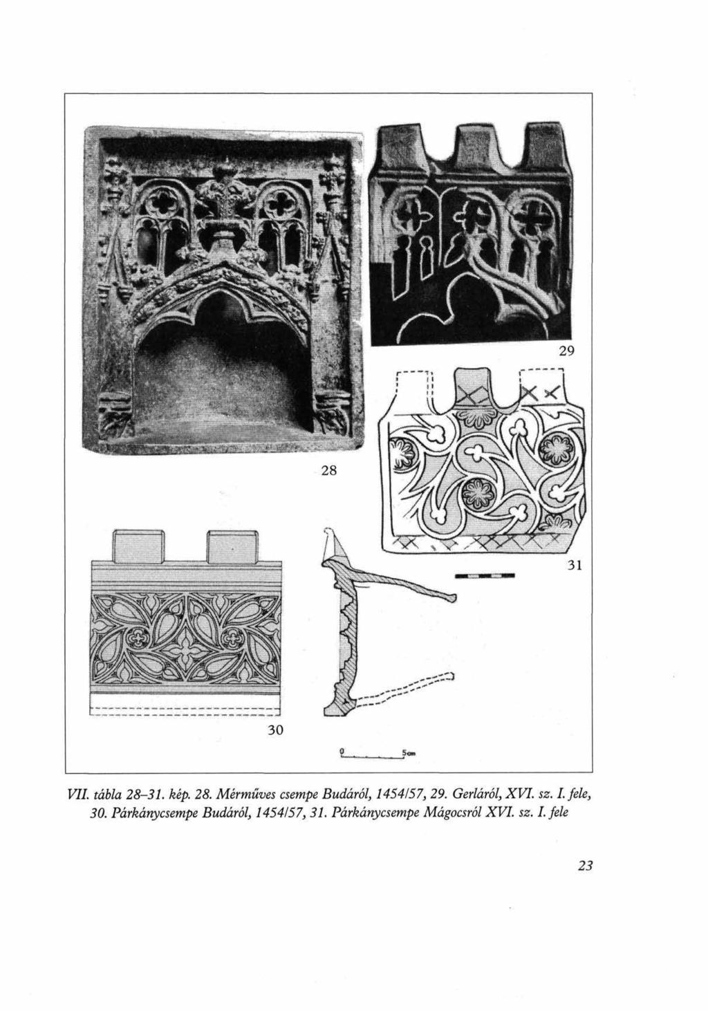 F#. ráwa 25 3/. kép. 28. Mérmüves csempe Budáról, 1454157, 29. Gerláról, XVI. sz. I.