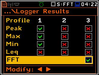 Az FFT ablakban a felhasználó megválaszthatja az átlagolás típusát (Averaging), a súlyozó szűrőt (Filter), a frekvencia sávot (Band), a súlyozási ablakot (Window) az FFT ablakban a Vonalak számát