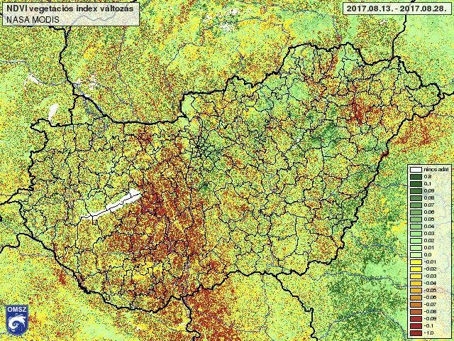 NDVI Változás Az aktuális és a 8 nappal korábbi kép különbsége. Nyomon követhető a növényzet időbeli változása.