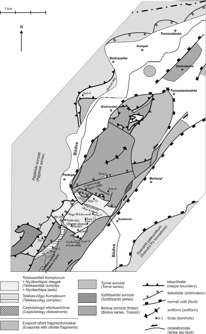 Földtani Közlöny 141/2 (2011) 183 17. ábra. A Rudabányai-hegység vizsgált részének szerkezeti vázlata (KÖVÉR et al.