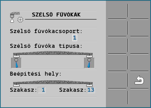 A vezérlő számítógép konfigurálása Szélső határoló fúvókák 7 A következő maszk jelenik meg: 2. A Szélsö fúvókacsoport soron adja meg azt, hogy a szélső fúvókák melyik készletére történik a beállítás.