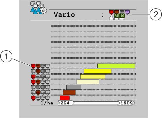 A vezérlő számítógép konfigurálása Vario- és Select-üzemmód a többszörös fúvókatartók konfigurálása 7 Vario többszörös fúvókatartóval. A lila színű fúvóka ki van zárva.
