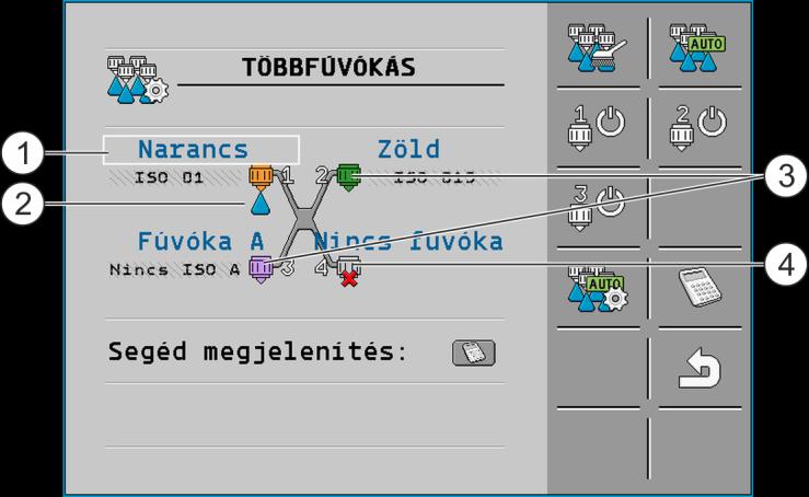 A vezérlő számítógép konfigurálása Vario- és Select-üzemmód a többszörös fúvókatartók konfigurálása 7 Többfúvókás maszk Select -üzemmódban Kurzor Szóráskúp a kijuttatásra kiválasztott fúvóka alatt.