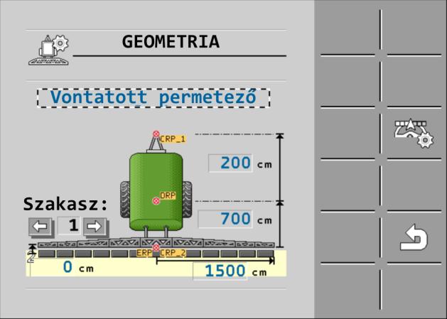 A vezérlő számítógép konfigurálása A keretdőlés visszatükrözésére szolgáló szenzorok kalibrálása 7 A permetezőgép geometriájának ismeretében a szoftver pontosan tudja, hogy milyen hosszú és milyen