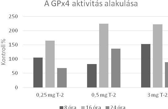 Halakkal végzett, szintén rövidtávú (24 óra) egyszeri nagy dózisban per os adagolt T-2 toxin terhelés során azt tapasztaltuk, hogy a GPx4 aktivitás a 16.