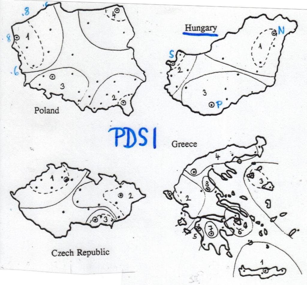 Térbeli osztályok Talajnedvesség. Példa 1. Talajnedvességi (PDSI) régiók 4 országban, faktoranalízissel.
