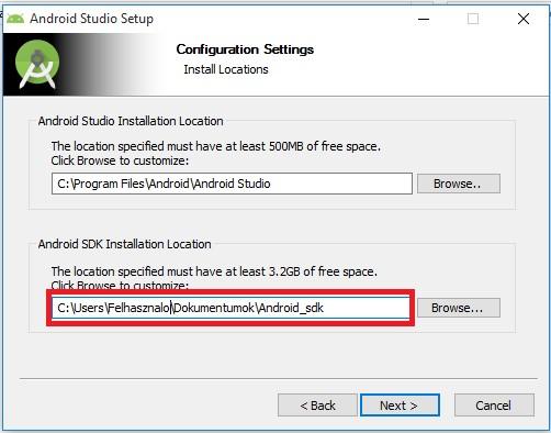Az Android Studio telepítése során az Android sdk-t alapesetben egy rejtett mappába telepíti, amit ha el akarunk érni a későbbiekben érdemesebb jobb helyet választani neki.