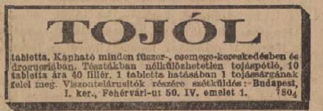 8. ábra: Tojól tabletta reklám (Pesti Hírlap, 1916 augusztus 15, 14.