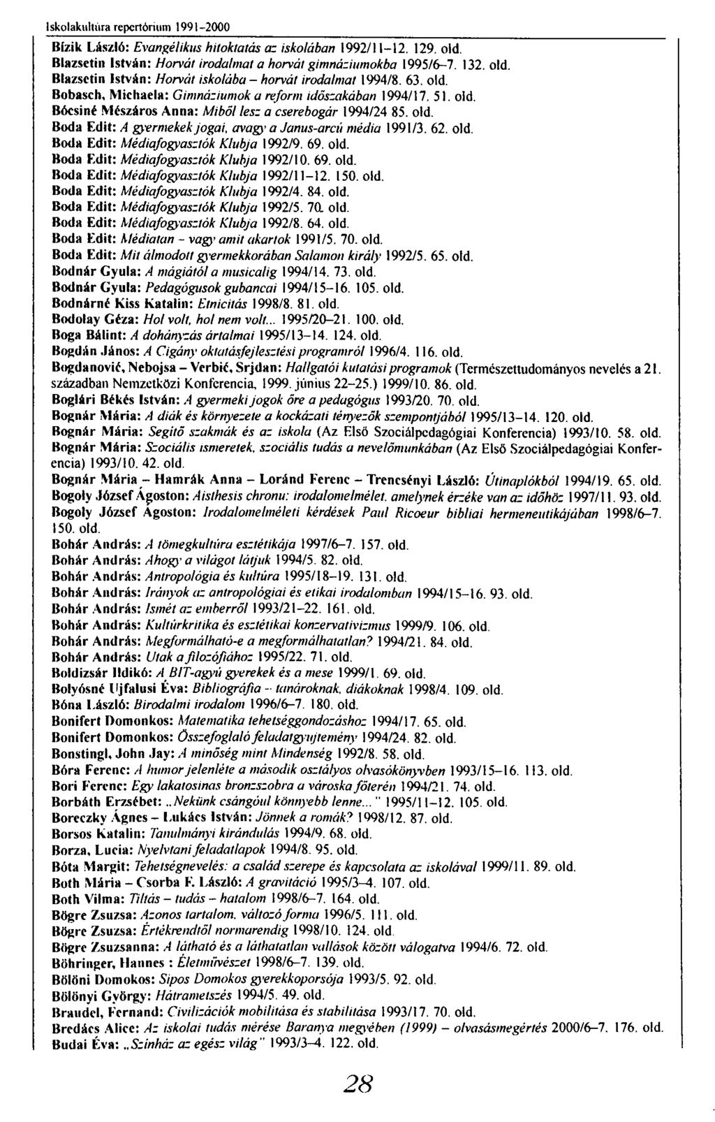 I skolakultúra repertórium 1991-2000 Bízik László: Evangélikus hitoktatás a; iskolában 1992/11-12. 129. old. Blazsetin István: Horvát irodalmat a horvát gimnáziumokba 1995/6-7. 132. old. Blazsctin István: Horvát iskolába - horvát irodalmat 1994/8.