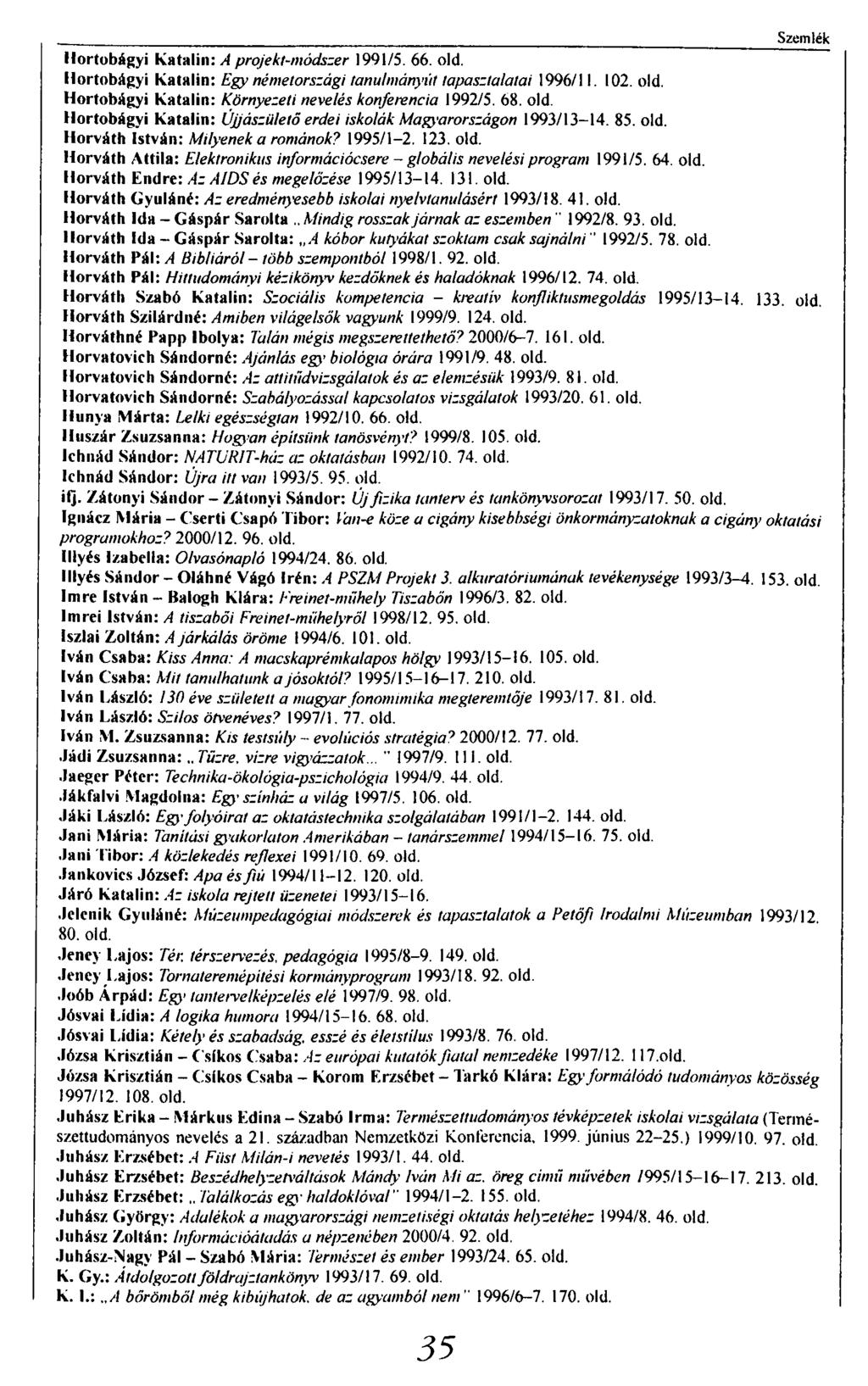 Szemlék Hortobágyi Katalin: A projekt-módszer 1991/5. 66. old. Hortobágyi Katalin: Egy németországi tanulmányút tapasztalatai 1996/11. 102. old. Hortobágyi Katalin: Környezeti nevelés konferencia 1992/5.