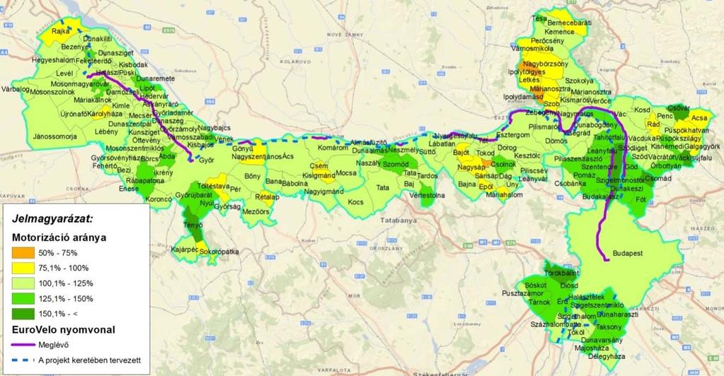 A közlekedési módválasztásra jelentős hatása van a terület motorizációs fokának (szgk. szám / 1000 lakos).