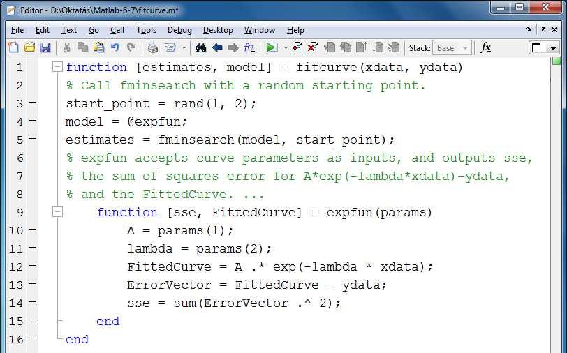 Nemlineáris regresszió Az előző paraméterbecslési feladat (a legkisebb négyzetek módszerével) végrehajtása egy zajos görbére A*exp( lambda*x) típusú illesztést kérünk a mintaadatainkra >> xdata = (0:.