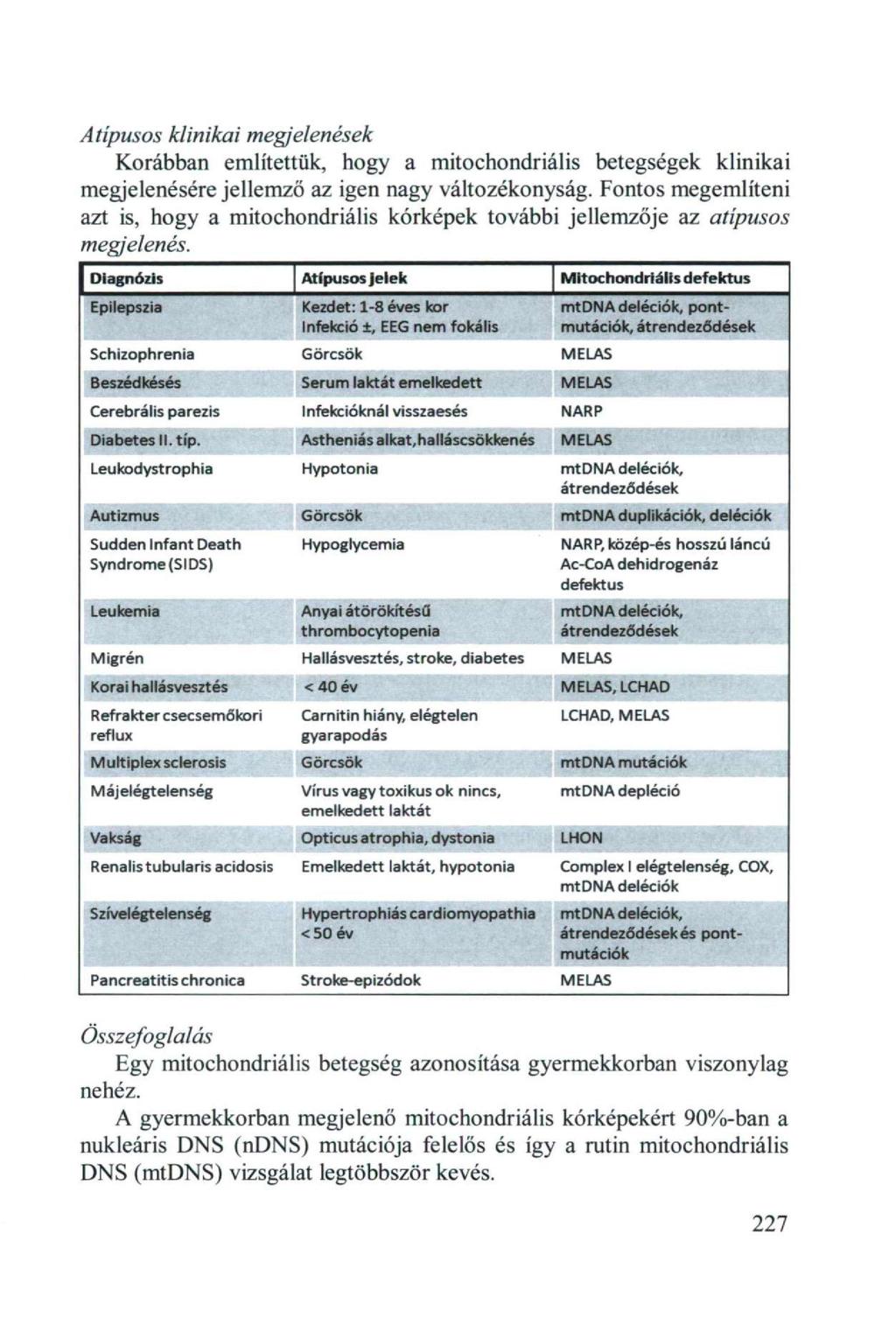 A típusos klinikai megjelenések Korábban említettük, hogy a mitochondriális betegségek klinikai megjelenésére jellemző az igen nagy változékonyság.