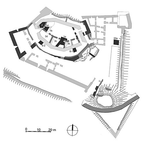 136 Várak Nógrádban A divényi vár alaprajza (Eva Fottová 2013. évi kutatási jelentése alapján) védművel, a külső fal déli és északi oldalán.