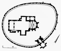46 Tolnai Gergely 1. kép: Csíkkarcfalva. A templom és a körítőfal alaprajza uniformizált/egységesített lőrésekkel (köztük kifelé összetartó kétágú lőrések) (Gyöngyössy Kerny Sarusi 1995. 90.