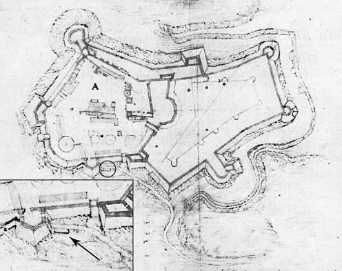 66 Kutatási jelentések 9. kép Pietro Ferabosco 1568-as felmérése, melyen a Varkoch-kapu mellett talán az újonnan talált fal ábrázolás látható (HMM II. 80.