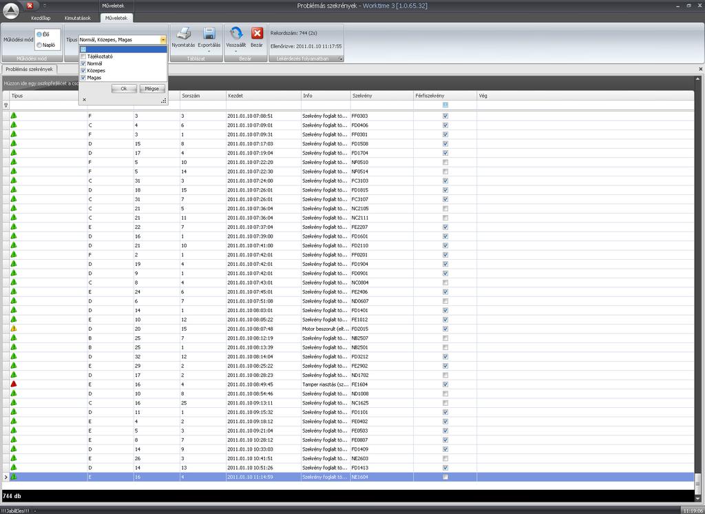 Szekrény események A programrész feladata az aktuális események (pl. lefoglalás, felszabadítás, rendész kártyázás, kilincs állapot, stb.) realtime listázása.