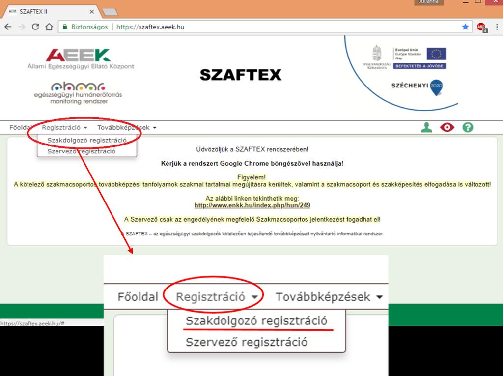 Regisztráció A SZAFTEX rendszerbe történő belépéshez regisztráció szükséges. A regisztráció az alábbi linken keresztül tehető meg: https://szaftex.aeek.hu/registration_pages/regszakdolgozo.