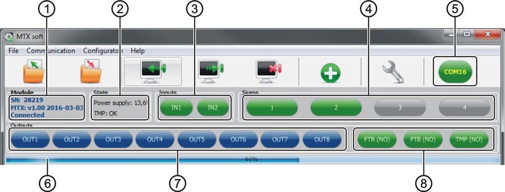 12 MTX-300 SATEL Állapot információ 3. ábra MTX SOFT programban megjelenő információk. vezérlő sorozatszáma és firmware változata. tápfeszültség és szabotázskapcsoló aktuális állapota.