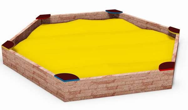 Hatszögletű homokozó, mely egyszerre akár 10-12 gyerek játékának tud helyet adni. A terméket csúszásmentes, barna ülőfelületű, oldalain színesre festett ülőkékkel adjuk át.