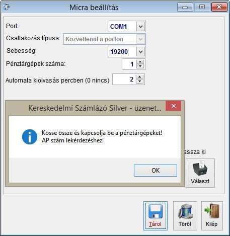 RENDSZER MENÜ 112 Pénztárgép beállítás A pénztárgép beállítás ablak futtatása előtt kösse össze a pénztárgépet a PC-vel és állítsa be a kommunikáció sebességét a vezérlőpult eszközkezelő
