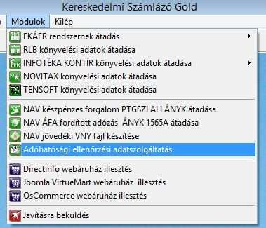 Adóhatósági ellenőrzési adatszolgáltatás funkció elérése Az új menüpont a számlázó programokban a Modulok menüben található.