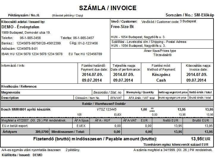 SZÁMLA MENÜ 29 Kétnyelvű feliratok! Az áfa típusa EUEX vagyis Eu-n belüli export! Áfa mentes számla esetén az áfa forintban és euróban is 0!