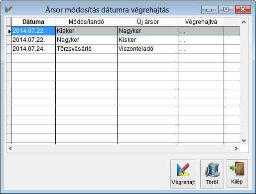 Ársor módosítás végrehajtás SzámKisker TÖRZSADAT MENÜ 81 Az ársor módosítás dátumra ablakban felvett módosításokat lehet itt Végrehajtani vagy Törölni.