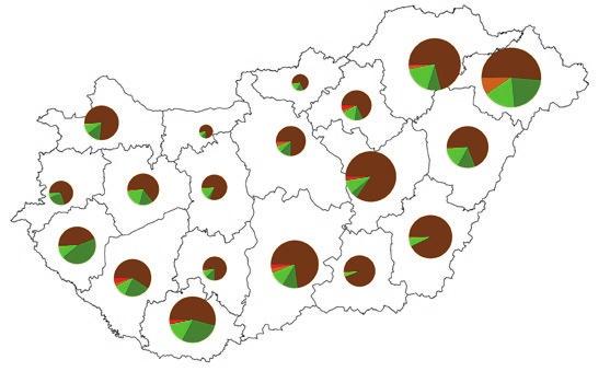 A képzeletbeli dobogó harmadik helyét az erdők foglalják el, közel 11 százalékát adva a fenti összterületnek, 14 ezer hektárral. Valamivel több mint 8 százalékos súllyal, 2.