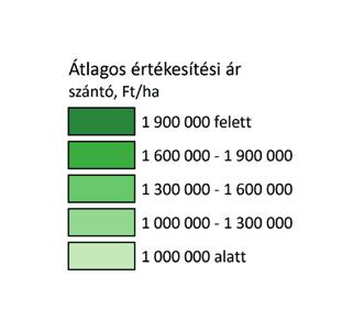 4. ábra: A szántóföldek járási átlagárai A szántók átlagárainak számításához felhasznált adatbázisban összesen 67 222 hektár szántóföld eladási ára szerepelt, ami a vizsgált termőföldterület mintegy