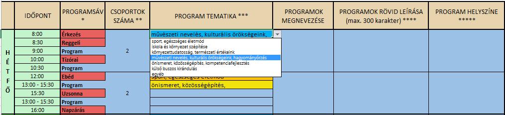 A kék színű Program elnevezésű sorok melletti mezőkben a délelőtti és délutáni programsáv tevékenységeit kell részletezni (a tevékenységek száma tetszőleges, lásd később). 3.
