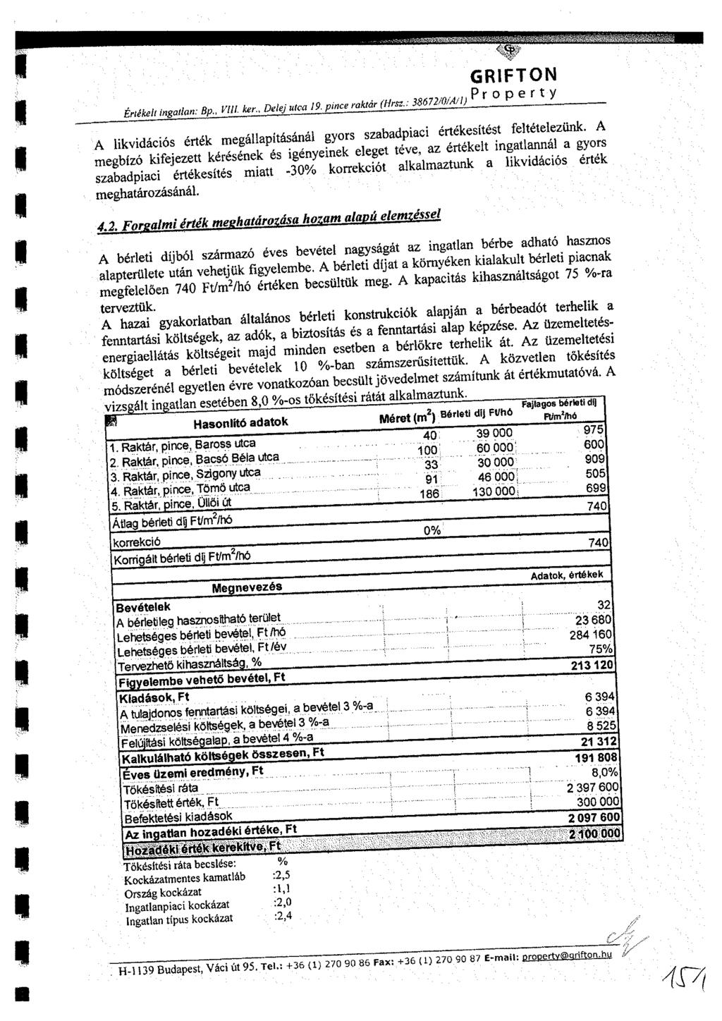 GRIFTON t ^ U S S U u ^ ^ A likvidációs érték megáilapításánái megbízó kifejezett kérésének es ^nyernek de e ^ ^ a j^ációs érték szabadpiaci értékesítés miatt -30% korrekcioi meghatározásánál.