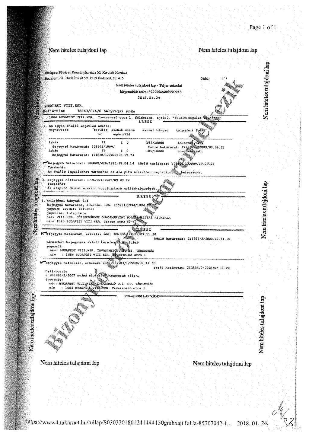 Page 1 of : Nem Mteles tulaj doni lap Neiű hiteles tulajdoni lap,\btsfcpcfi F^víros XermányínvjíaU XI Kerületi Hivafzla BuJap<w,XL.BixJaíokiútS9 1519 Budapest.
