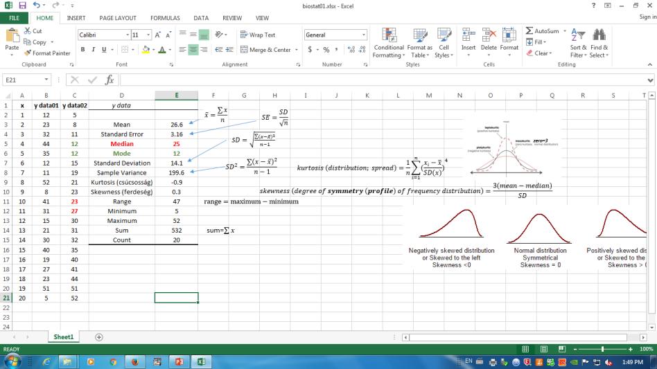 Deskriptív statisztika Adathalmaz (számhalmaz) jellemzése I. A központi érték (adat) jellemzése középérték (átlag, matematikai átlag, x) x = i=1 n xi n pl. 1,5,5,5,7,8,9,10,78,122,144. x = 38.