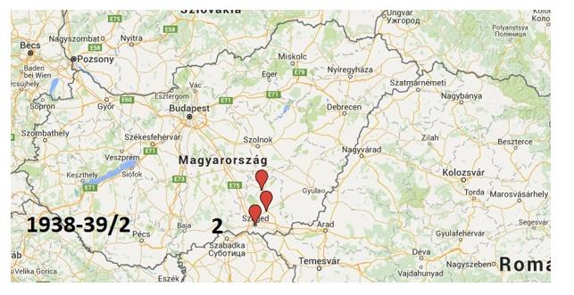 TNTeF (2017) 7.2 85 7. ábra: A szegedi BTK izraelita felekezetű hallgatók szülői elhelyezkedése az 1938-39/2-es tanévben (az ábra a GoogleMaps segítségével készült saját ábra) A 6. és a 7.