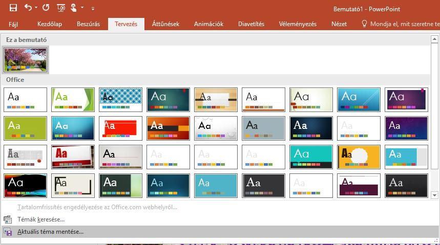 Diaminta mentése sablonként (későbbi felhasználás kedvéért): Kilépve a diamintából a Tervezés menüpontnál az általunk beállított stílust az Aktuális téma