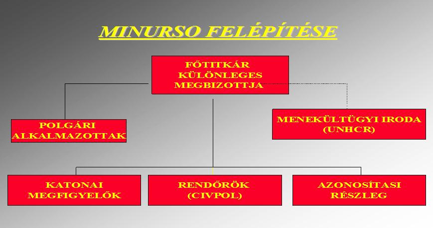 A MINURSO felépítése: A misszióban 230 katonai személy teljesít szolgálatot, beleértve a katonákat vezető tábornokot (Force Commander) is, ebből 203 fő katonai megfigyelőként, míg további 27 fő más a