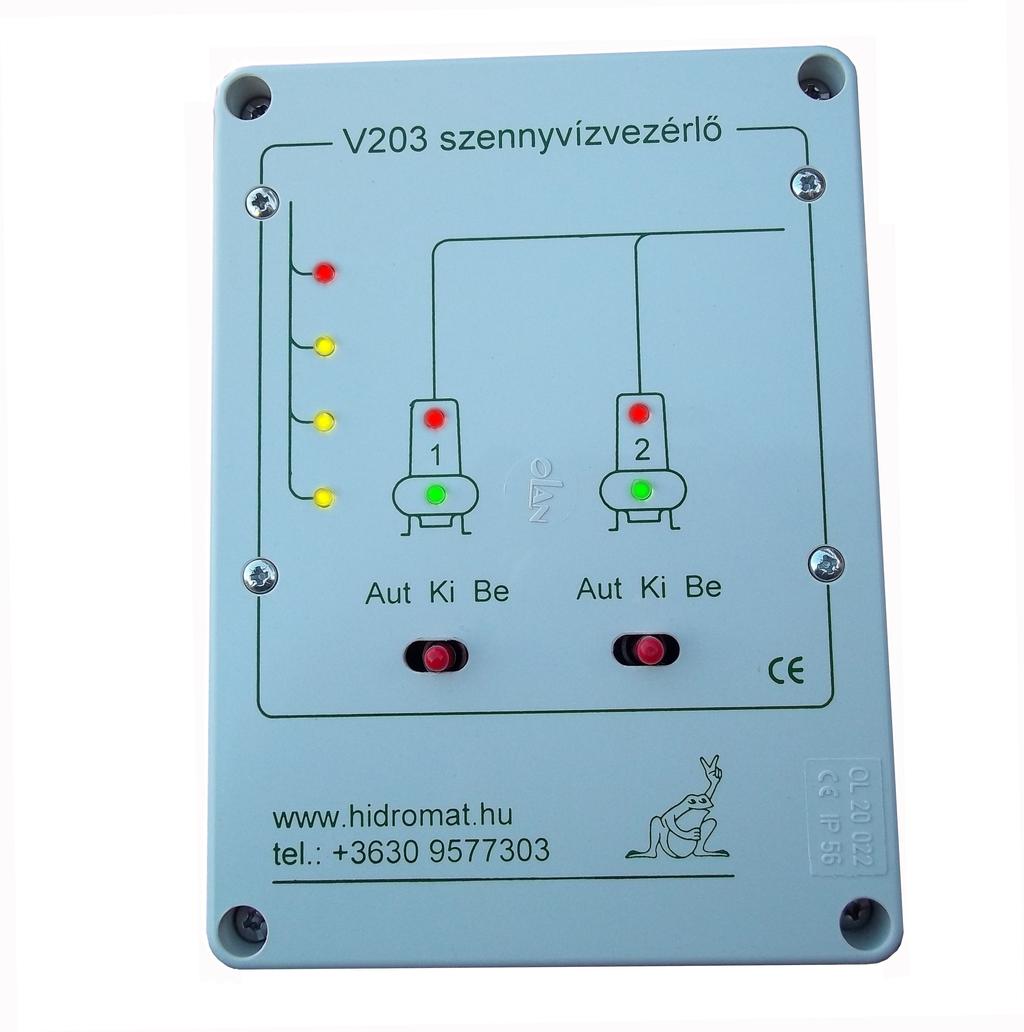 Kezelő felület: A dobozfedélben található az elektronika. A fedél front-oldalán a szennyvízakna sematikus képe van. A fények és a kapcsolók az ábrába illenek.